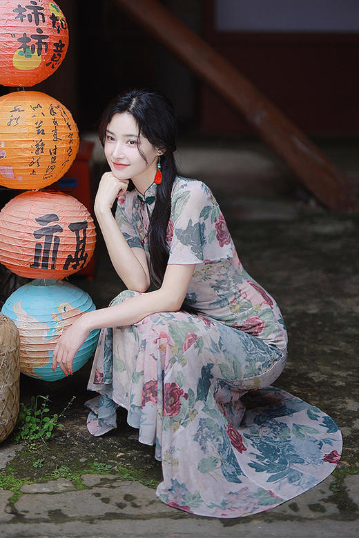 逸红颜明月优选｜『晚山茶』法式度假弹力网纱改良旗袍裙，遮小肚子，夏日凉爽神裙 商品图0