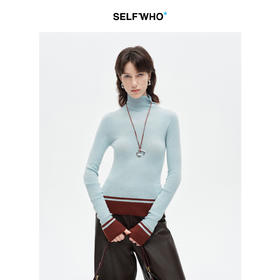 SELFWHO山羊绒混纺无缝高领打底衫女26夏新款修身撞色拼接针织衫