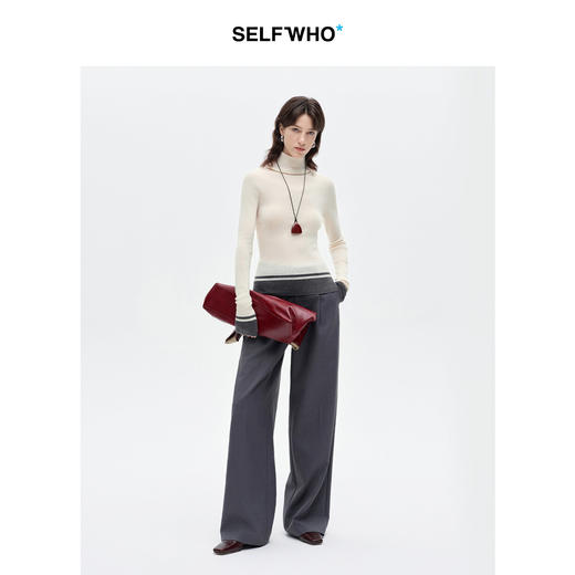 SELFWHO山羊绒混纺无缝高领打底衫女26夏新款修身撞色拼接针织衫 商品图2