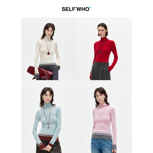 SELFWHO山羊绒混纺无缝高领打底衫女26夏新款修身撞色拼接针织衫 商品图1
