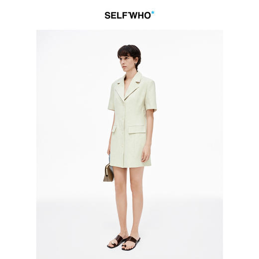 SELFWHO亚麻感西装连衣裙2025夏季新款宽松舒适V领收腰轻奢裙子 商品图2