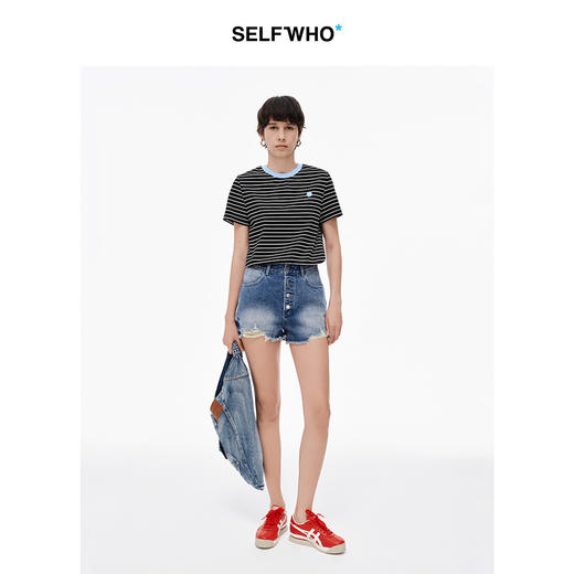 SELFWHO全棉做旧水洗牛仔短裤女新款经典四排扣毛边牛仔裤 商品图2