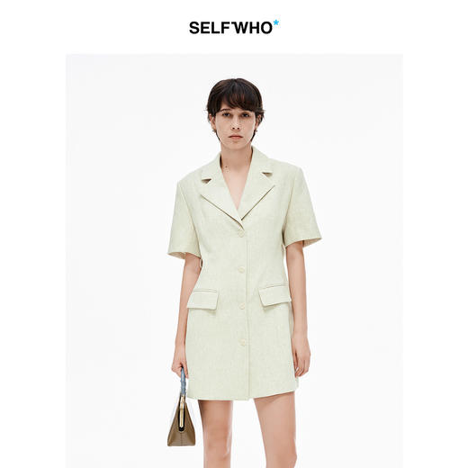 SELFWHO亚麻感西装连衣裙2025夏季新款宽松舒适V领收腰轻奢裙子 商品图0