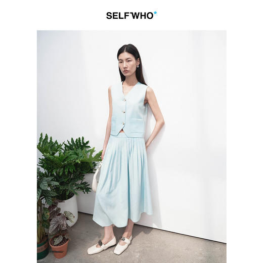 SELFWHO醋酸混纺压褶a字半身裙女2026夏季新款宽松优雅小个子半裙 商品图3