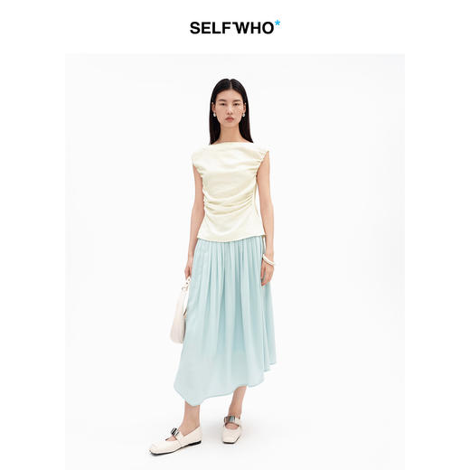 SELFWHO醋酸混纺压褶a字半身裙女2026夏季新款宽松优雅小个子半裙 商品图2