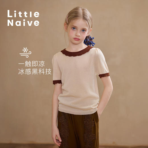 Little Naive女童莱赛尔针织短袖夏季撞色上衣儿童花边凉感T恤 商品图2