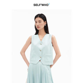 SELFWHO醋酸混纺经典短款V领马甲女2026夏新款小个子直筒开衩马夹