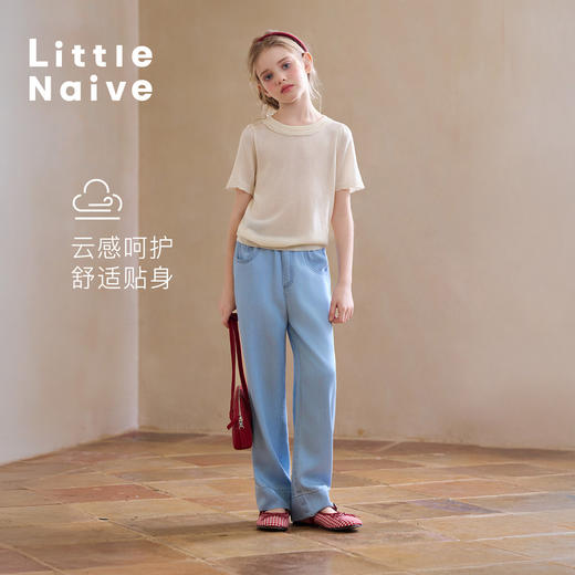 Little Naive女童莱赛尔针织短袖夏季撞色上衣儿童花边凉感T恤 商品图3