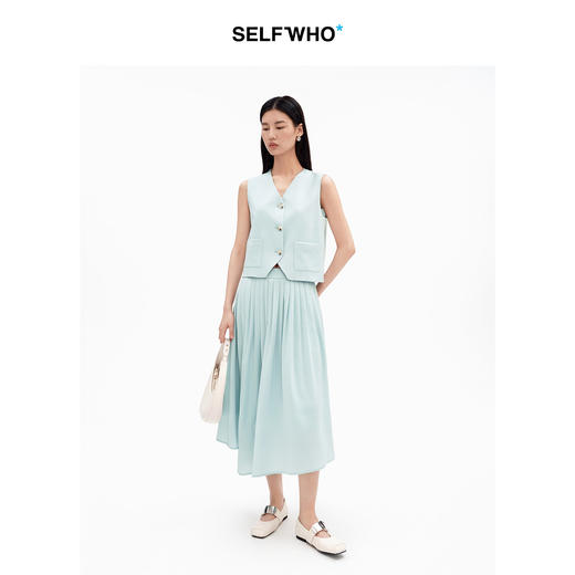 SELFWHO醋酸混纺经典短款V领马甲女2026夏新款小个子直筒开衩马夹 商品图1
