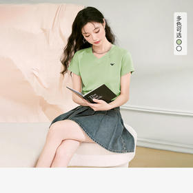 休闲字母刺绣短袖T恤女夏季新款V领褶皱时尚女上衣LCH39244