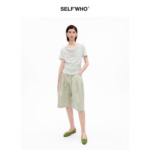 SELFWHO棉混纺不规则褶皱荡领条纹短袖T恤女2026夏季新款收腰上衣 商品图3