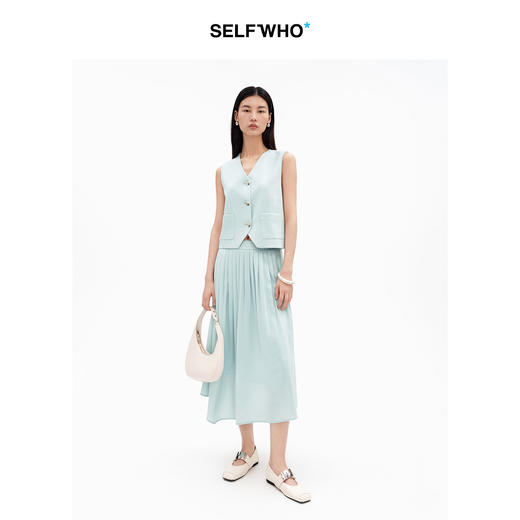 SELFWHO醋酸混纺经典短款V领马甲女2026夏新款小个子直筒开衩马夹 商品图3