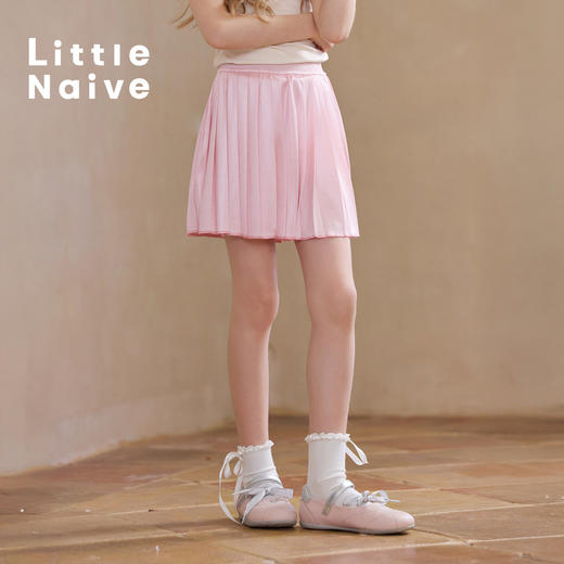 Little Naive女童缎面百褶裙裤夏季百搭时髦短裙儿童纯色半身裙 商品图0