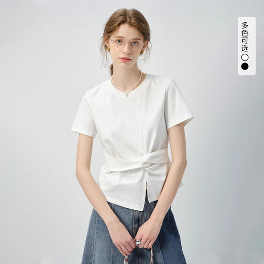 西遇白色收腰扭结T恤女2026夏季新款设计感小众通勤气质短袖上衣SS060460 商品图0
