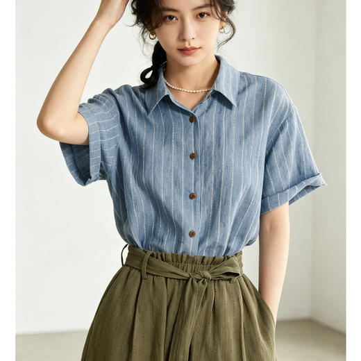 浪漫蓝调条纹宽松亚麻衬衫3336★AVANN 商品图5