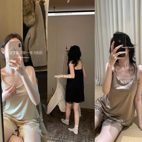 【盒装】女士薄款吊带短裤睡衣套装面性感冰凉丝滑带胸垫纯欲夏季【锦纶+氨纶面料】L-2XL