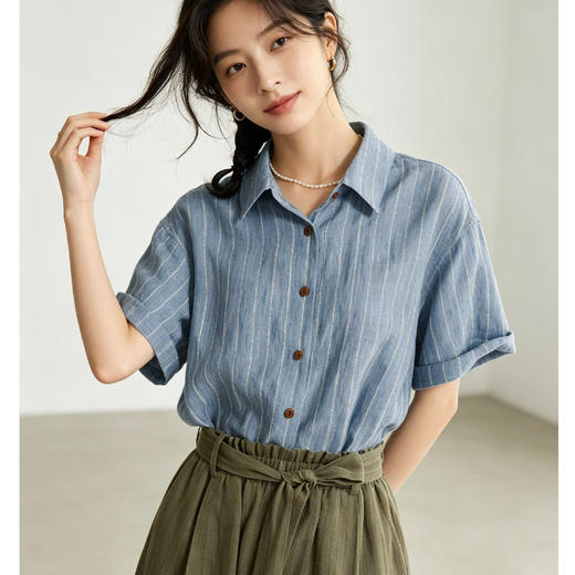 浪漫蓝调条纹宽松亚麻衬衫3336★AVANN 商品图1