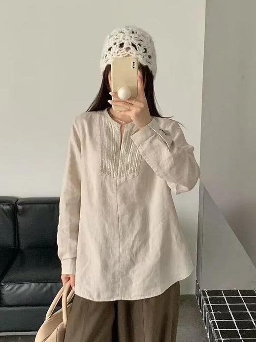 梅茵凯琳·重工钉珠亚麻衬衫 |穿出属于自己的“老钱风”：低调内敛，却处处是细节 商品图1