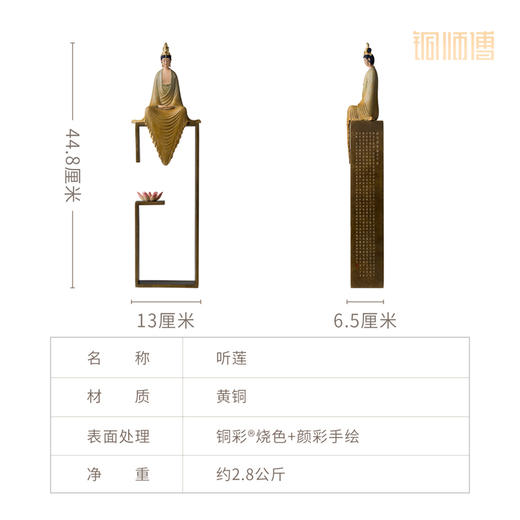 铜师傅《听莲》中式禅意观音菩萨办公室客厅装饰工艺品 桌面摆件 商品图6