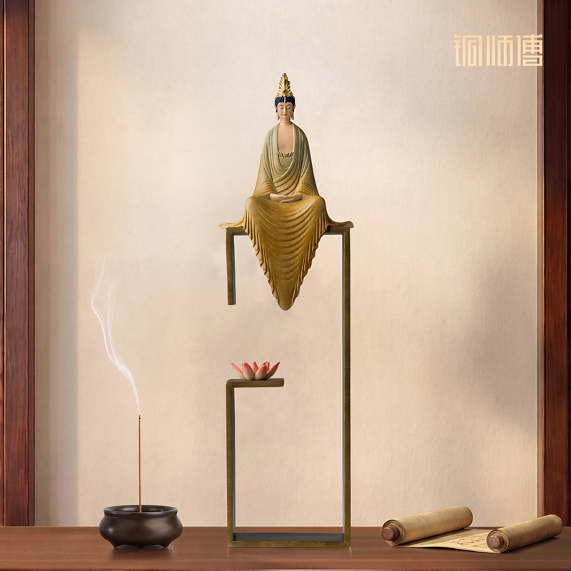 铜师傅《听莲》中式禅意观音菩萨办公室客厅装饰工艺品 桌面摆件