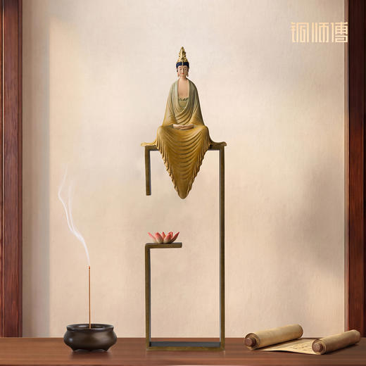 铜师傅《听莲》中式禅意观音菩萨办公室客厅装饰工艺品 桌面摆件 商品图0