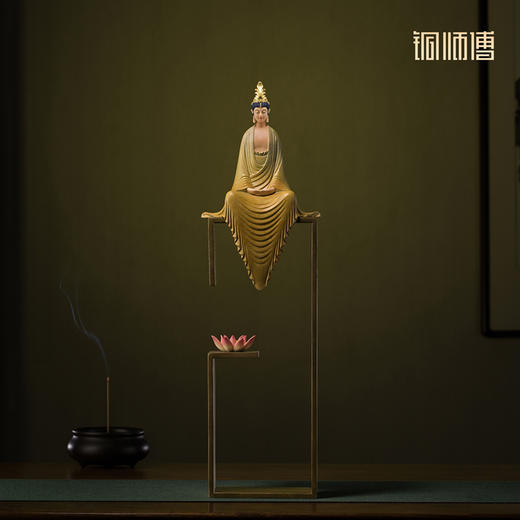 铜师傅《听莲》中式禅意观音菩萨办公室客厅装饰工艺品 桌面摆件 商品图1