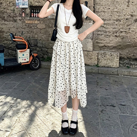 西遇白色波点半身裙女2026年夏季新款不规则荷叶边雪纺A字中长裙SS060499 商品图2