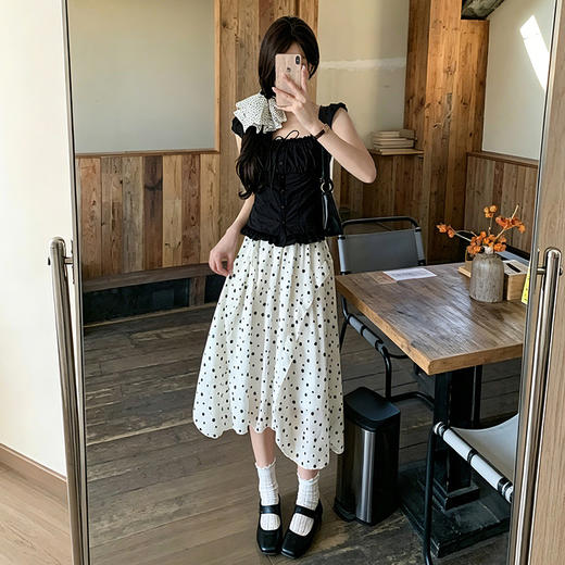 西遇白色波点半身裙女2026年夏季新款不规则荷叶边雪纺A字中长裙SS060499 商品图1