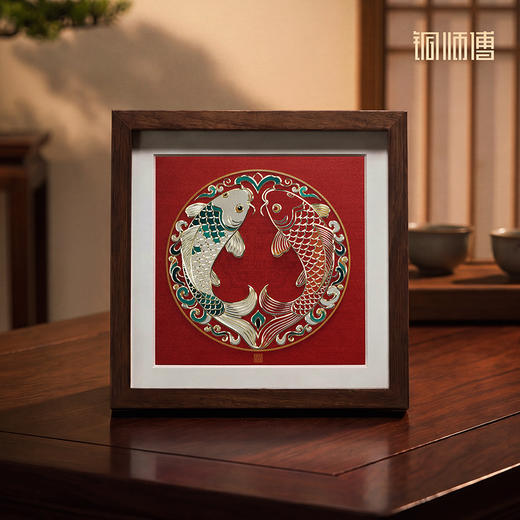 铜师傅 手工錾刻 铜雕画《双鱼呈祥（桌面）》书房摆件装饰画 商品图3