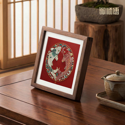 铜师傅 手工錾刻 铜雕画《双鱼呈祥（桌面）》书房摆件装饰画 商品图2