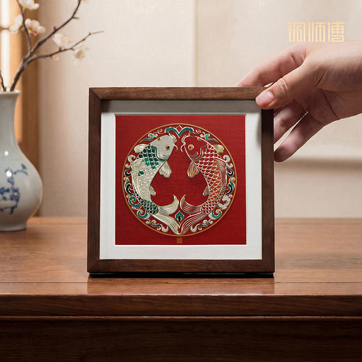 铜师傅 手工錾刻 铜雕画《双鱼呈祥（桌面）》书房摆件装饰画 商品图5
