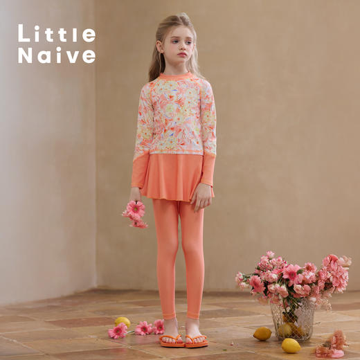 Little Naive女童碎花泳衣裙裤夏季印花防晒泳装儿童弹力度假泳衣 商品图4