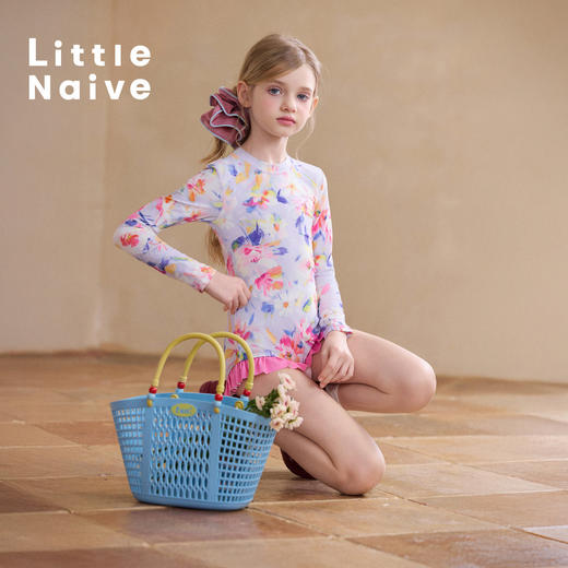 Little Naive儿童碎花泳衣夏季新款长袖防晒泳装女童高弹游泳衣 商品图4