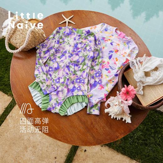 Little Naive儿童碎花泳衣夏季新款长袖防晒泳装女童高弹游泳衣 商品图3