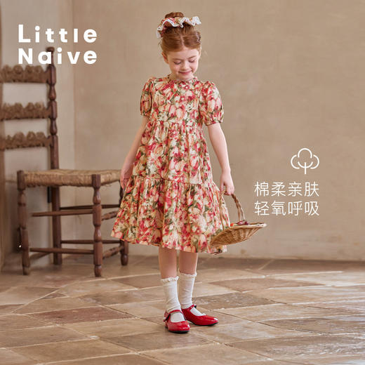 Little Naive女童碎花连衣裙夏季新款纯棉泡泡袖纯棉裙子儿童长裙 商品图1