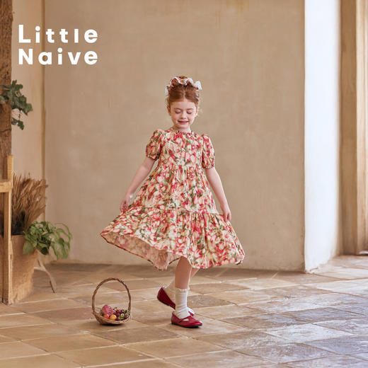 Little Naive女童碎花连衣裙夏季新款纯棉泡泡袖纯棉裙子儿童长裙 商品图4