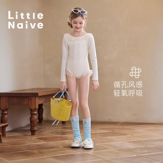 Little Naive儿童连体泳衣夏季木耳边泳装女童长袖弹力游泳衣 商品图1