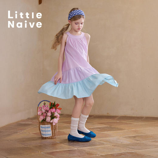 Little Naive女童渐变连衣裙夏季新款挂脖背心裙儿童莱赛尔长裙 商品图3