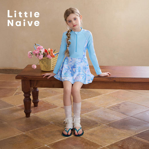 Little Naive儿童连体泳衣夏季新款防晒插肩袖泳装女童弹力游泳衣 商品图4