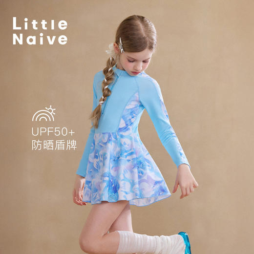 Little Naive儿童连体泳衣夏季新款防晒插肩袖泳装女童弹力游泳衣 商品图1