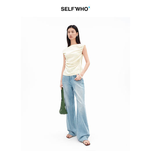 SELFWHO天丝绵羊毛混纺船领无袖缩褶背心女2026夏季新款时髦上衣 商品图2