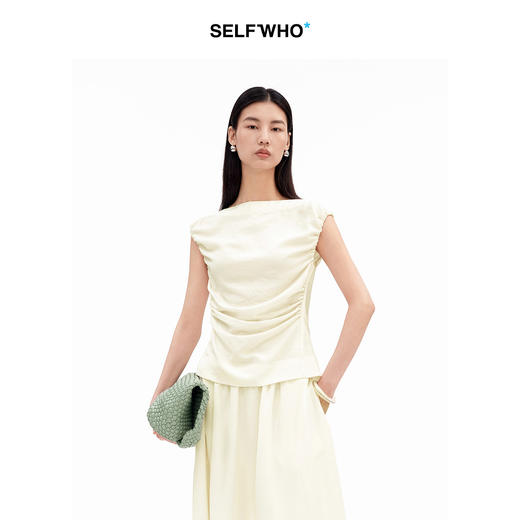 SELFWHO天丝绵羊毛混纺船领无袖缩褶背心女2026夏季新款时髦上衣 商品图0