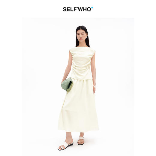 SELFWHO天丝绵羊毛混纺船领无袖缩褶背心女2026夏季新款时髦上衣 商品图3