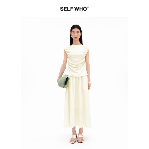 SELFWHO天丝绵羊毛混纺船领无袖缩褶背心女2026夏季新款时髦上衣 商品图1