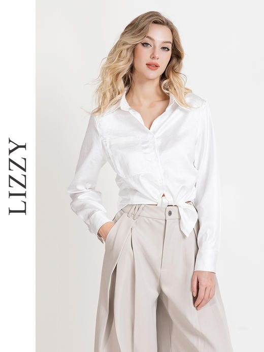 LIZZY 早秋时尚摩登翻领垫肩暗纹修身气质长袖衬衫7983 商品图1