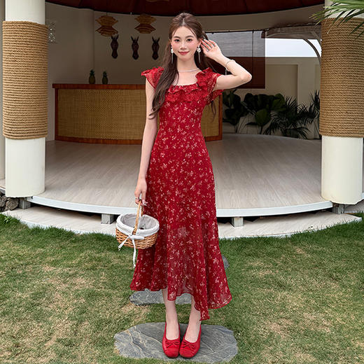 西遇法式复古红碎花长裙2026年夏季新款收腰显瘦荷叶边仙女中长裙SS060516 商品图4