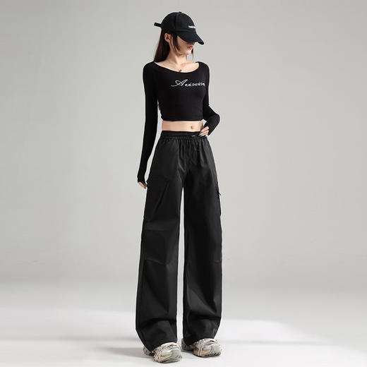 西遇美式复古工装裤女2026夏季新款速干面料多口袋抽绳阔腿休闲裤SS060509 商品图4