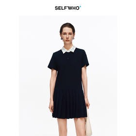 SELFWHO纯棉绿绒蒿钉珠撞色polo领连衣裙女2026夏新款直筒百褶裙