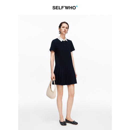 SELFWHO纯棉绿绒蒿钉珠撞色polo领连衣裙女2026夏新款直筒百褶裙 商品图2