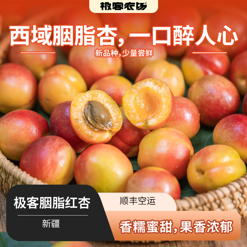 极客胭脂红杏丨香糯蜜甜，果香浓郁，错峰发货，会有带点青色的，先挑红黄的吃。⭐️顺丰空运